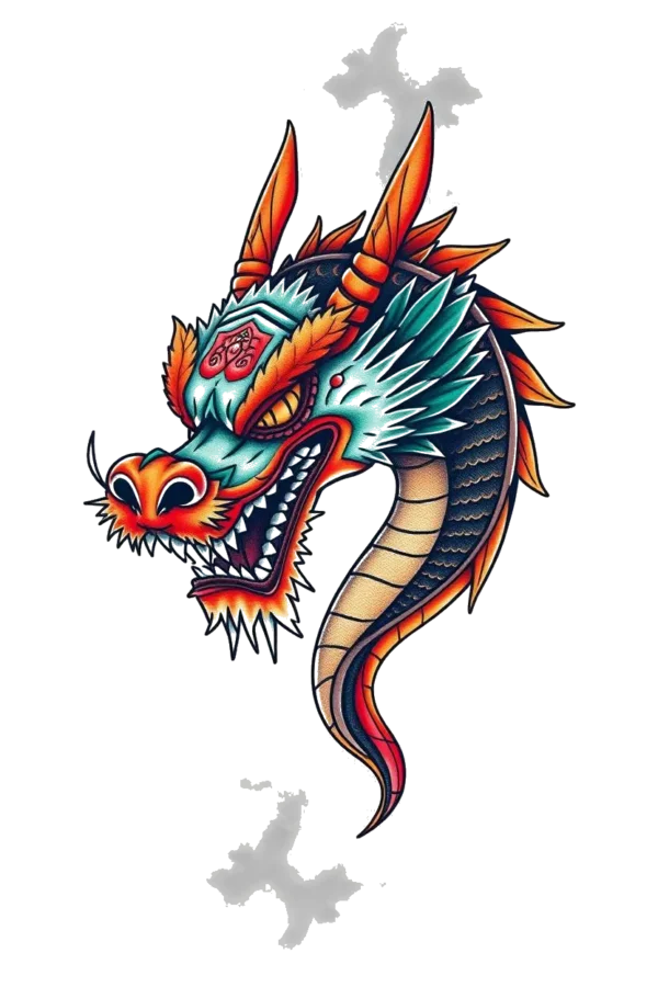 A vivid temporary temporary tattoo design featuring a dragon's head facing left, with its mouth open in a roar. The dragon's striking yellow eyes contrast with its deep red mouth. Its body showcases vibrant shades of blue and black, accented by hints of orange and
