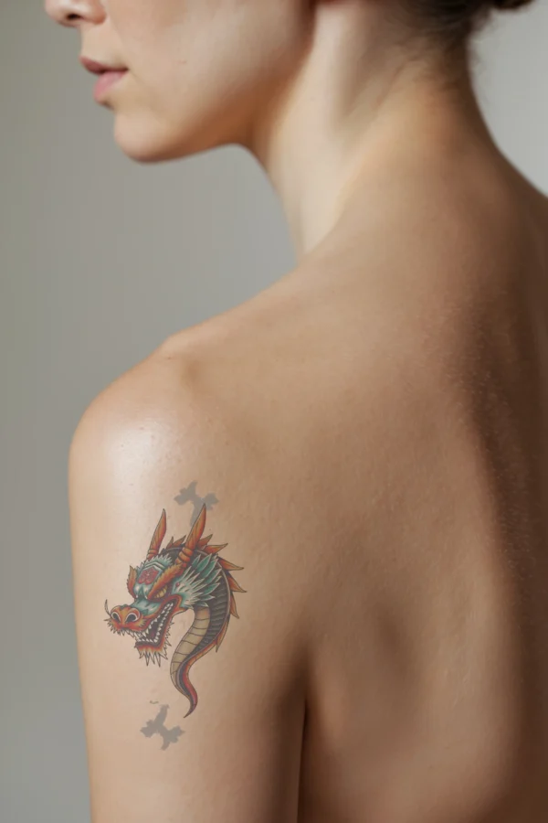 A detailed temporary temporary tattoo on a person's shoulder features a dragon's head in profile, facing left. The dragon's vibrant design includes a mix of red, blue, and black, with yellow eyes and a deep red mouth. Its body is predominantly blue and