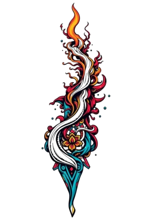 Vibrant temporary tattoo design featuring a stylized flame in orange, red, and white. The flame has a dynamic, flowing shape that narrows to a point, surrounded by swirling patterns of red and orange with hints of blue and teal. Set