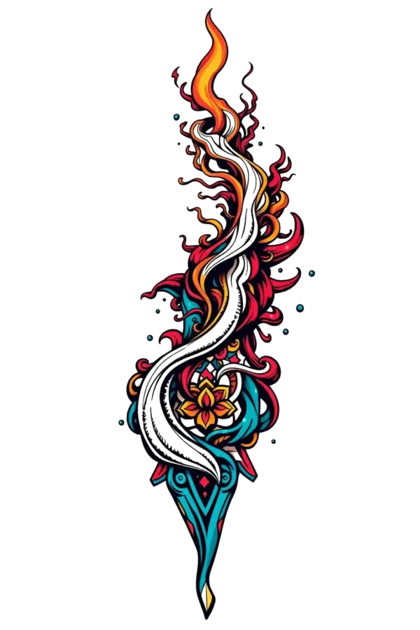 Vibrant temporary temporary tattoo design featuring a stylized flame in orange, red, and white. The flame has a dynamic, flowing shape that narrows to a point, surrounded by swirling patterns of red and orange with hints of blue and teal. Set