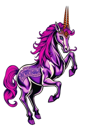 An illustration of a majestic unicorn tattoo featuring a vibrant purple body and light purple head. The unicorn has a striking orange horn and vivid orange eyes. Its mane and tail are a mix of rich purple and striking pink, styled elegantly to enhance its regal look