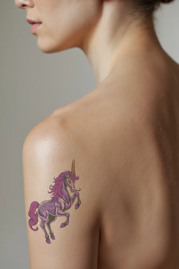 A temporary temporary tattoo on a person's shoulder features a majestic unicorn in profile, showcasing a vibrant design. The unicorn has a rich, deep purple body, light purple head, and striking orange eyes. Its vibrant mane and tail are a mix of pink and purple