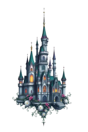 Temporary tattoo design featuring a majestic gray and blue castle with a pointed roof and multiple towers, adorned with intricate turrets and decorative elements. The castle sits on a platform decorated with vibrant pink and white flowers and lush green foliage. Set against a stark white