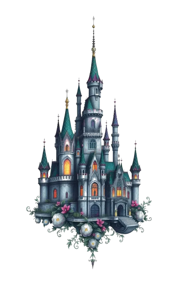 Temporary temporary tattoo design featuring a majestic gray and blue castle with a pointed roof and multiple towers, adorned with intricate turrets and decorative elements. The castle sits on a platform decorated with vibrant pink and white flowers and lush green foliage. Set against a stark white