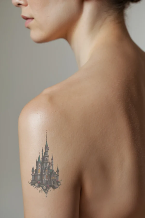 A temporary temporary tattoo on a person's shoulder features a majestic castle in gray and blue hues. The detailed design showcases a pointed roof, multiple towers, and intricate turrets, giving the castle a regal look. It is set on a platform adorned with pink and