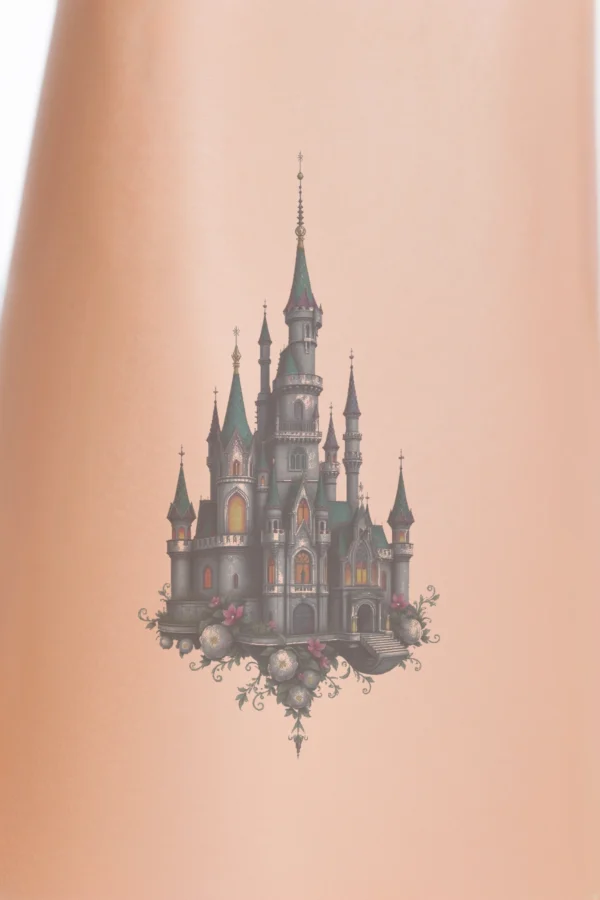 "Temporary temporary tattoo design featuring a majestic castle in gray and blue hues with a pointed roof and multiple towers. The castle showcases intricate details, including turrets and decorative elements, embodying a regal and whimsical fantasy aesthetic. It rests on a platform adorned with