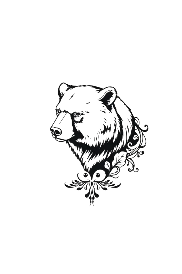 A black and white temporary temporary tattoo depicting a bear's head and shoulders, facing left. The bear has thick, textured fur with dark eyes gazing at the viewer and a lighter black nose. Decorative patterns of stylized leaves and floral elements surround its head