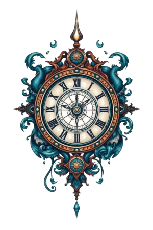 A temporary tattoo design featuring a detailed clock illustration with a white face, black numbers and hands, and surrounded by a decorative gold-colored frame. The clock is set against a dark blue background, adorned with ornate swirling patterns. At the top, a small