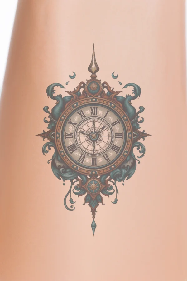 A temporary temporary tattoo design featuring a decorative clock with a white face displaying black numbers and hands. The clock is framed in gold, surrounded by intricate swirling patterns and a dark blue background. It is embellished with a decorative border that combines gold and dark blue/