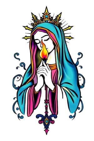 A vibrant temporary tattoo featuring a stylized Virgin Mary in a blue robe and crown, with a pink veil. She clasps her hands in prayer while holding a lit candle in her right hand. The striking design uses bold lines and colors, set against