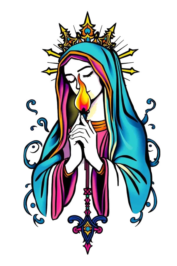 A vibrant temporary temporary tattoo featuring a stylized Virgin Mary in a blue robe and crown, with a pink veil. She clasps her hands in prayer while holding a lit candle in her right hand. The striking design uses bold lines and colors, set against