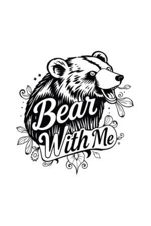 A temporary tattoo design featuring a black and white illustration of a bear's head and neck facing right, with its mouth slightly open. The bear, depicted in dark fur tones, has visible eyes and pointed ears. Surrounding its head are stylized leaves