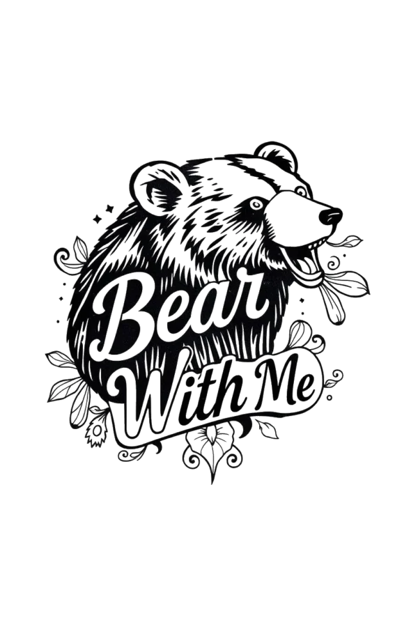 A temporary temporary tattoo design featuring a black and white illustration of a bear's head and neck facing right, with its mouth slightly open. The bear, depicted in dark fur tones, has visible eyes and pointed ears. Surrounding its head are stylized leaves