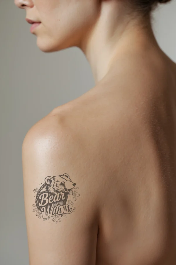 A profile view of a person showcasing a temporary temporary tattoo on their shoulder, featuring a detailed black and white illustration of a bear's head turned to the right, mouth slightly open. The bear, with dark fur and pointed ears, is surrounded by stylized