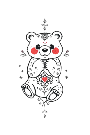 A cartoon-style polar bear sits with its front paws together, tilting its head to the left. The bear is illustrated in black and white, featuring intricate floral and geometric patterns across its body. Red accents highlight its face, including a heart shape on