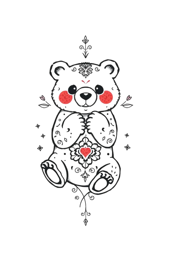 A cartoon-style polar bear sits with its front paws together, tilting its head to the left. The bear is illustrated in black and white, featuring intricate floral and geometric patterns across its body. Red accents highlight its face, including a heart shape on