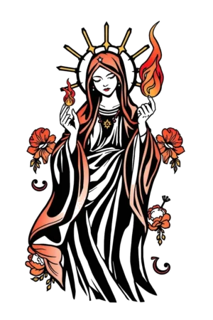 A stylized temporary tattoo design featuring a serene woman, possibly a religious figure, dressed in a long robe and head covering. She holds a burning flame in her hands, with a halo encircling her head and a star pendant necklace around her neck