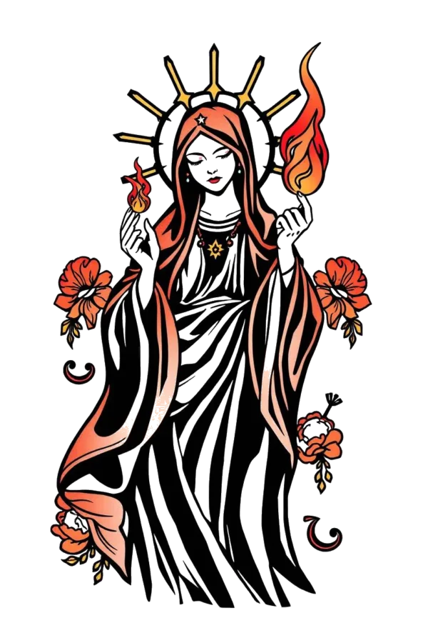 A stylized temporary temporary tattoo design featuring a serene woman, possibly a religious figure, dressed in a long robe and head covering. She holds a burning flame in her hands, with a halo encircling her head and a star pendant necklace around her neck