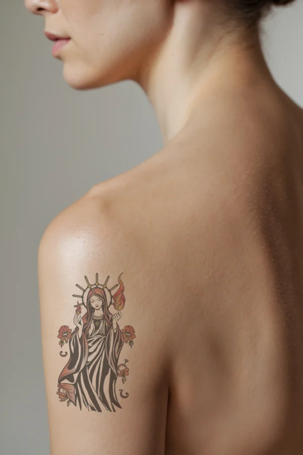 A profile view of a person’s shoulder featuring a temporary temporary tattoo of a serene woman, possibly a religious figure, in a long robe and head covering. She holds a glowing flame in her hands, adorned with a halo around her head. The temporary tattoo includes