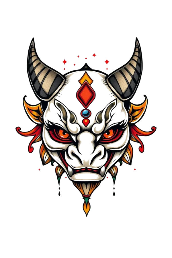A temporary temporary tattoo design featuring a vibrant dragon's head in white and orange hues. The dragon has prominent horns on either side, with piercing orange eyes and a menacing red mouth. It showcases intricate red and orange designs, including a striking gemstone at the