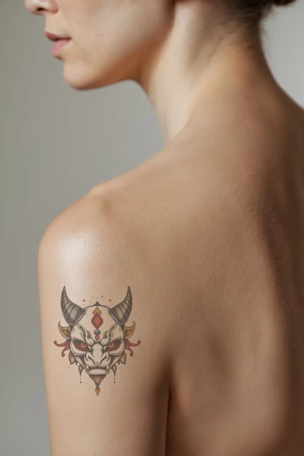 A profile view of a person's shoulder displays a detailed temporary temporary tattoo of a dragon's head. The temporary tattoo features a striking illustration with vibrant white and orange hues. The dragon has prominent horns on either side, piercing orange eyes, and a menacing red mouth