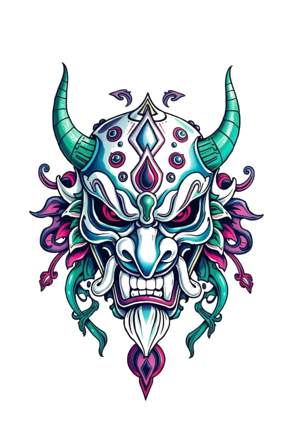 Temporary temporary tattoo design featuring a striking mask inspired by East Asian art, predominantly in white and blue. The mask showcases a prominent pointed nose, a wide menacing grin with deep red detailing, and intense red eyes. Adorned with intricate patterns, it