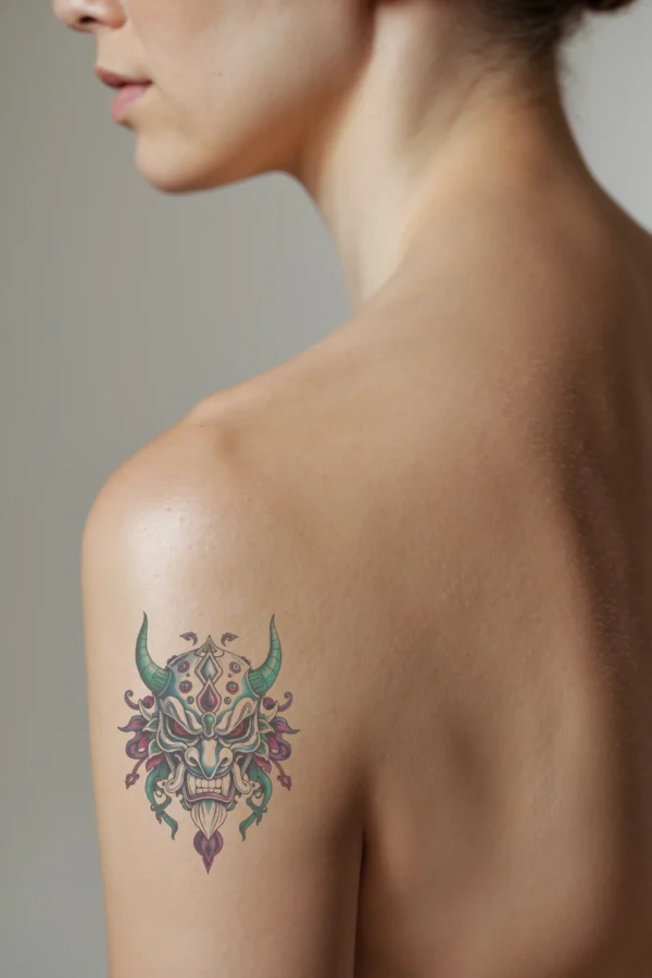 A profile view of a person showcasing a temporary temporary tattoo on their shoulder. The temporary tattoo depicts a detailed mask inspired by Japanese or East Asian art, featuring a white and blue color scheme. It has a pronounced pointed nose, wide menacing grin, and striking