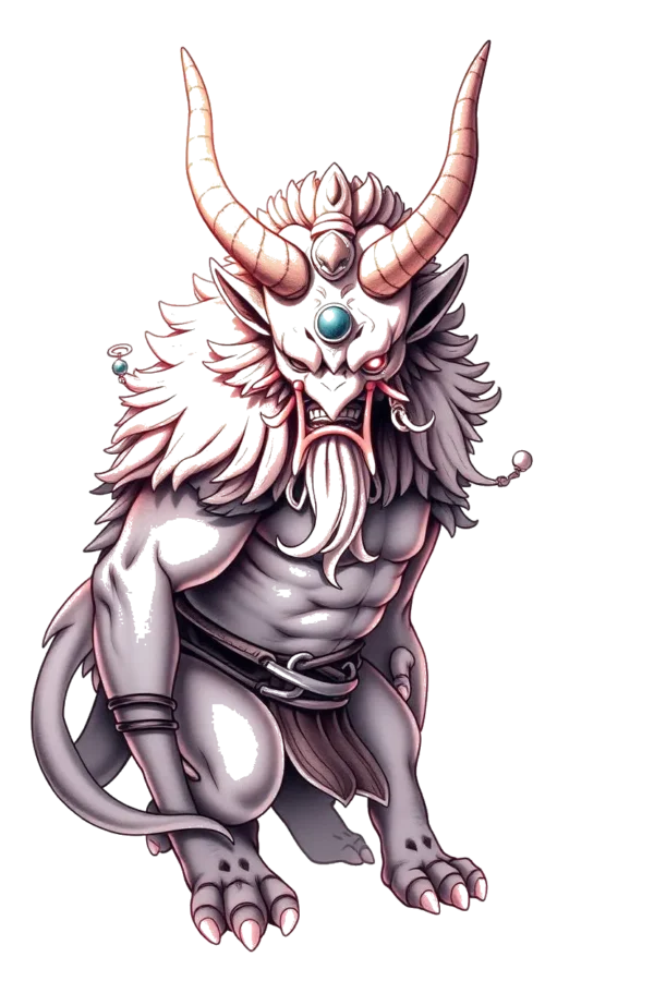 Temporary temporary tattoo design of a fantastical creature featuring a large head, long neck, and muscular body. Its skin is light gray or beige, adorned with upward-curving horns and dark blue or black eyes. A long, white beard accentuates its