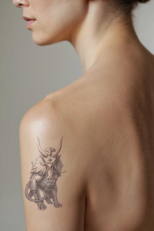Profile view of a person showcasing a temporary temporary tattoo on their shoulder. The temporary tattoo features a fantastical creature with a large head, long neck, and muscular body in light gray or beige tones. Its upward-curving horns frame fierce dark blue or black eyes