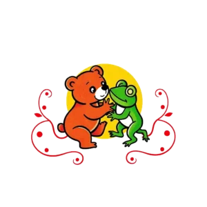 A colorful temporary tattoo design featuring a friendly interaction between a reddish-brown bear sitting on its hind legs and a green frog standing on its hind legs, both facing each other. The bear is centrally positioned against a bright yellow circular background, surrounded by a