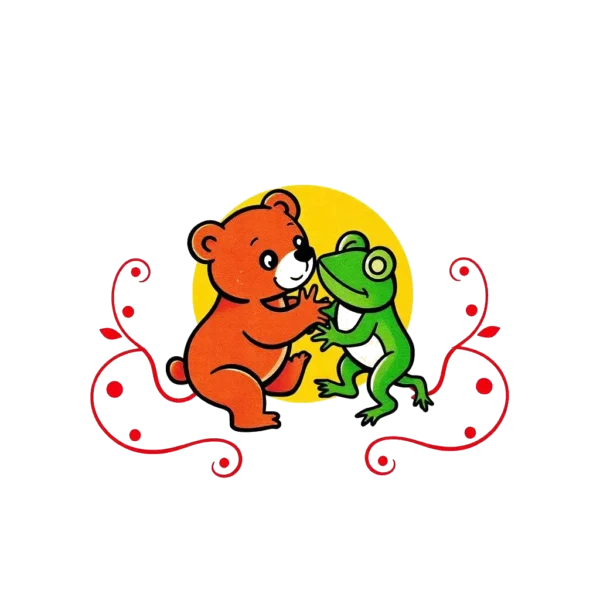 A colorful temporary temporary tattoo design featuring a friendly interaction between a reddish-brown bear sitting on its hind legs and a green frog standing on its hind legs, both facing each other. The bear is centrally positioned against a bright yellow circular background, surrounded by a