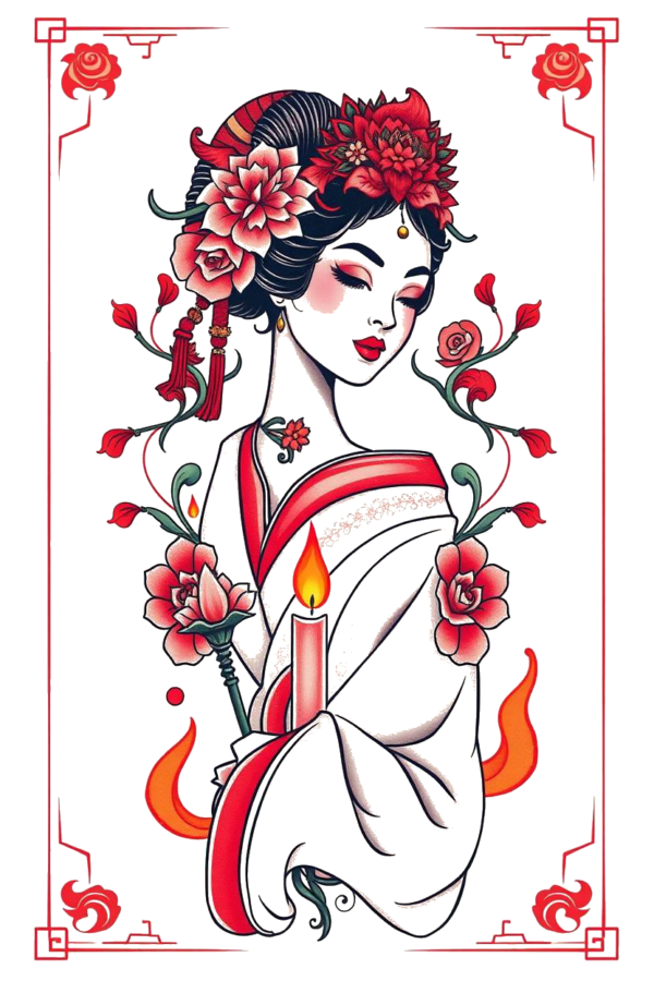 A close-up of a person's calf featuring a temporary temporary tattoo of a woman with dark hair styled in an updo, embellished with red and pink flowers. She wears a white kimono with red accents and a sash, with a red floral headpiece ador