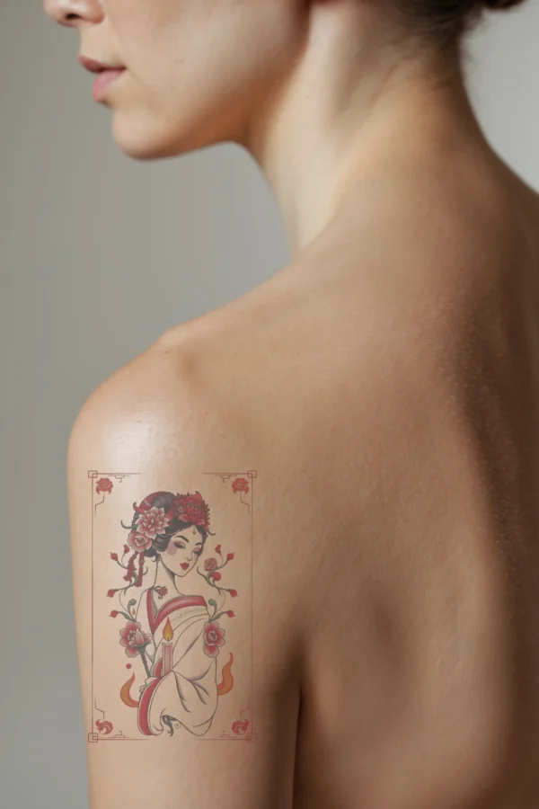 Temporary temporary tattoo design featuring a profile of a serene woman with dark hair styled in an updo, embellished with red and pink flowers. She wears a white kimono with red accents and a matching sash, and a red floral headpiece decorates her face