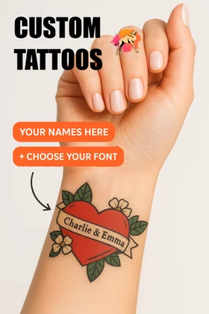 Custom couple name tattoo with heart and floral banner design, featuring Charlie & Emma in personalized font. Temporary tattoo on wrist, perfect for matching love tattoos, anniversary gifts, or wedding favors.