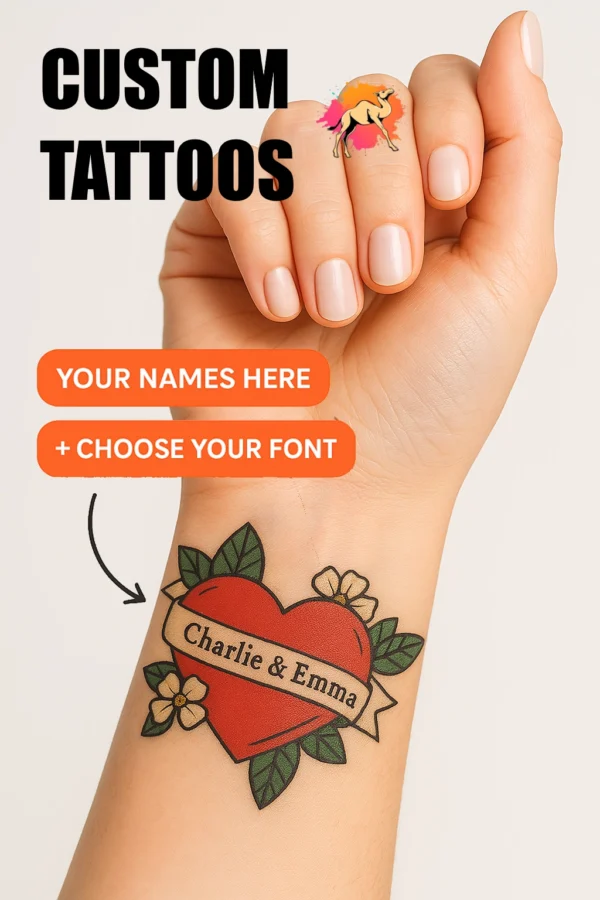 Custom couple name temporary tattoo with heart and floral banner design, featuring Charlie & Emma in personalized font. Temporary temporary tattoo on wrist, perfect for matching love temporary tattoos, anniversary gifts, or wedding favors.