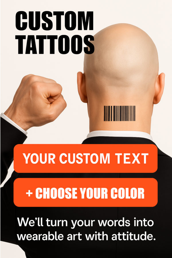Custom barcode temporary temporary tattoo on back of bald head – personalized temporary text-to-code design by InkNomad