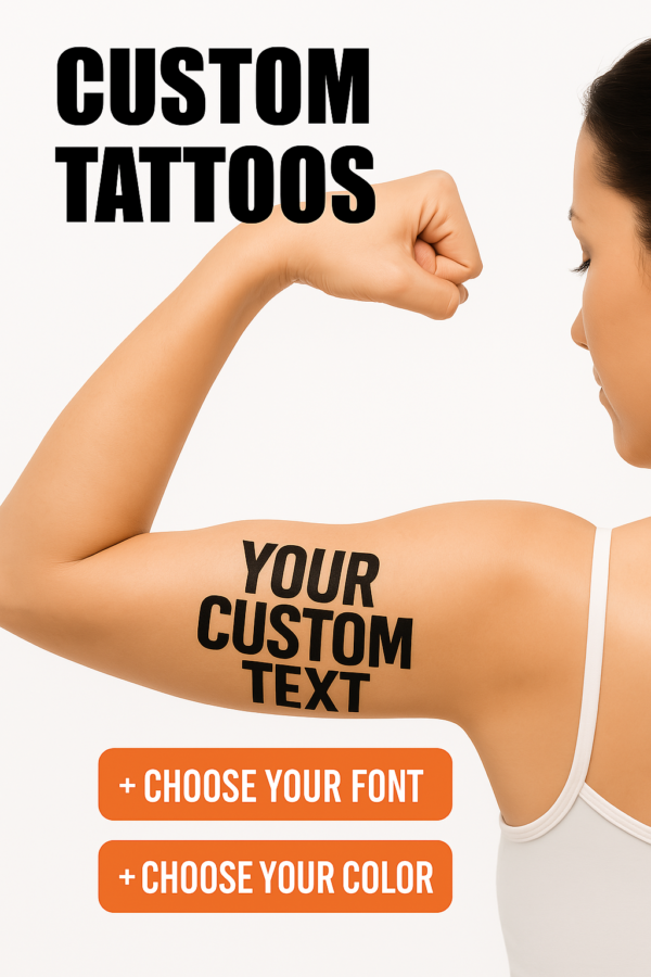 Realistic custom short phrase temporary tattoo on forearm with bold black font – "Your Custom Text" temporary temporary tattoo in Bebas Neue