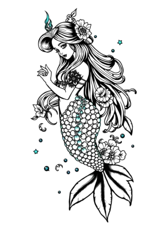 A temporary tattoo design featuring a stylized mermaid with long, flowing hair and a tail decorated with small teal beads. The mermaid has a pearl-like design on her forehead and facial features. The illustration is in black and white, with teal accents