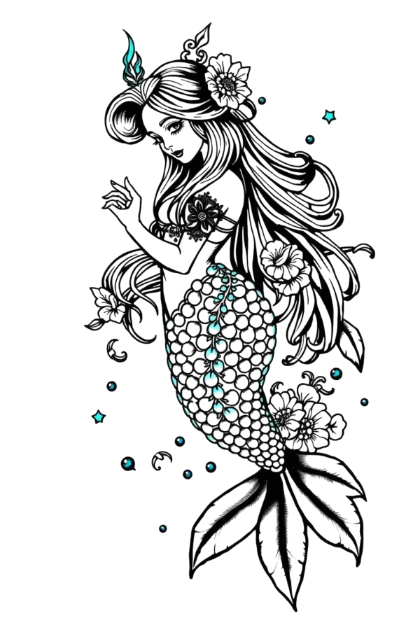 A temporary temporary tattoo design featuring a stylized mermaid with long, flowing hair and a tail decorated with small teal beads. The mermaid has a pearl-like design on her forehead and facial features. The illustration is in black and white, with teal accents