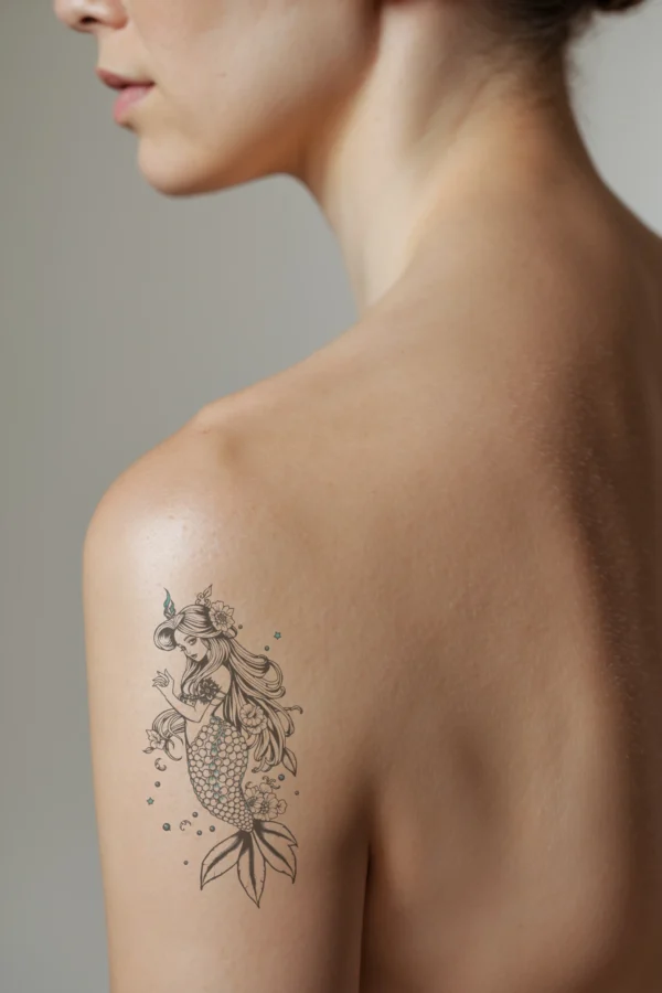 A profile view of a person's shoulder showcasing a temporary temporary tattoo of a stylized mermaid. The temporary tattoo features the mermaid with long, flowing hair and a distinctive tail adorned with small, round teal-colored beads. The mermaid's face is highlighted by