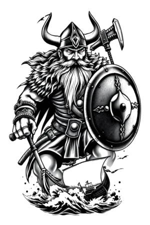 Temporary tattoo design featuring a detailed black and white illustration of a Viking warrior. The warrior has a prominent beard and mustache, wears a horned helmet, a hooded tunic, and a belt. He stands on a rocky shore, wielding