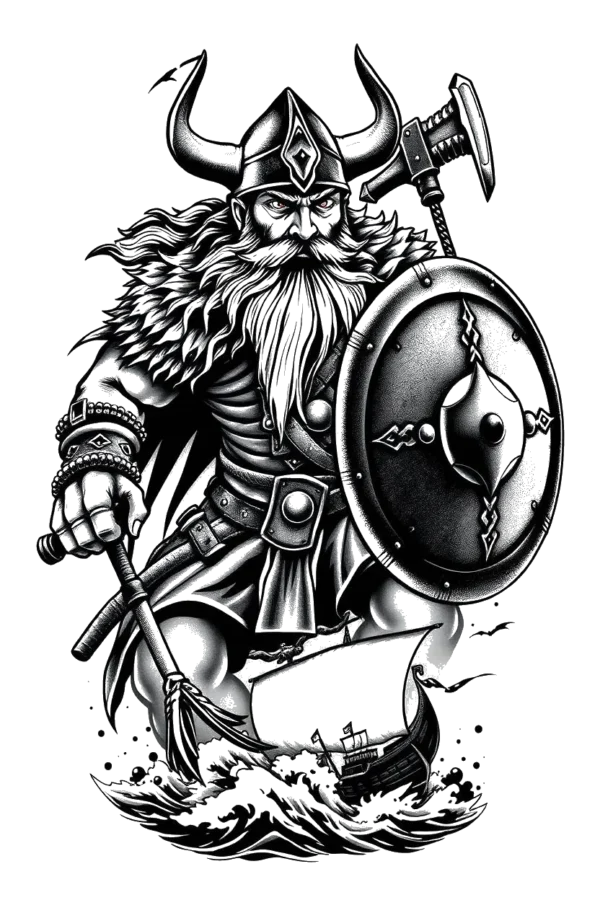 Temporary temporary tattoo design featuring a detailed black and white illustration of a Viking warrior. The warrior has a prominent beard and mustache, wears a horned helmet, a hooded tunic, and a belt. He stands on a rocky shore, wielding