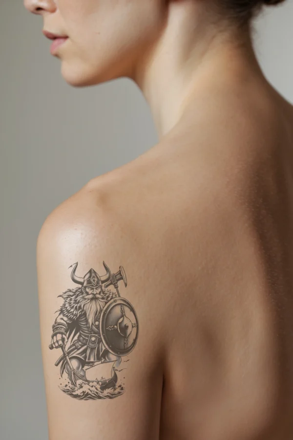Temporary temporary tattoo design featuring a Viking warrior in profile on a person's shoulder. The temporary tattoo is intricately detailed in black and white, showcasing the warrior with a beard and mustache, wearing a horned helmet, a hooded tunic, and a belt