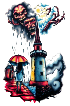 A temporary tattoo design featuring a woman in a white coat standing on a brick walkway, holding an orange umbrella. The pathway leads to a lighthouse with a red roof and dark gray base, topped with a light blue/gray section. Dark gray, cloud