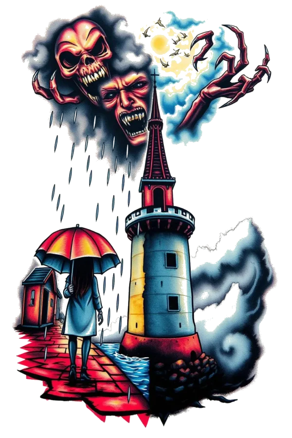 A temporary temporary tattoo design featuring a woman in a white coat standing on a brick walkway, holding an orange umbrella. The pathway leads to a lighthouse with a red roof and dark gray base, topped with a light blue/gray section. Dark gray, cloud