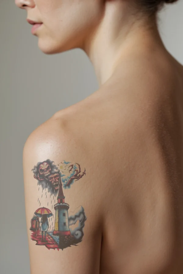 Temporary temporary tattoo featuring a detailed design on a person's shoulder, depicting a woman in profile standing on a brick walkway. She holds an orange umbrella and wears a white coat and dark shoes. The walkway leads to a lighthouse, characterized by a red roof and a