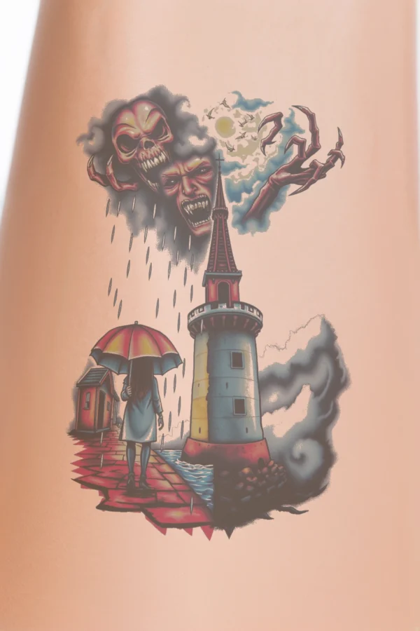 Temporary temporary tattoo design featuring a woman in a white coat and dark shoes, holding an orange umbrella while standing on a brick walkway. The pathway leads to a dramatic lighthouse with a red roof and dark gray base, topped by a light blue-gray section. Above