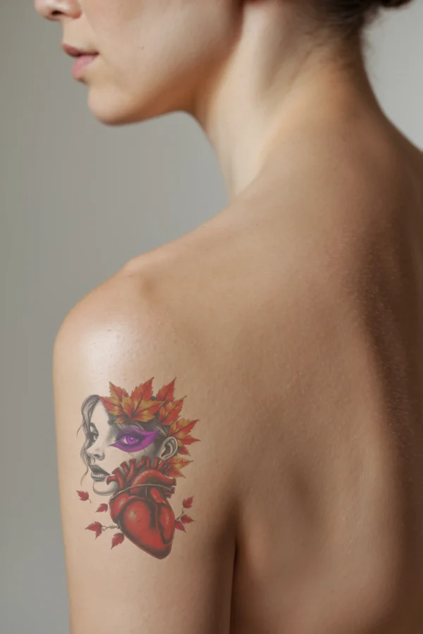 A temporary temporary tattoo design on a person's shoulder showcases a detailed portrait of a serene woman in profile. Her closed eyes and closed lips evoke tranquility, while her loose, wavy hair frames her face. The temporary tattoo features a central, vibrant red heart intricately