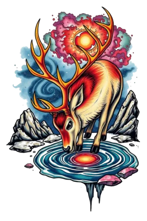 Temporary tattoo design featuring a white reindeer with large, curved horns, standing on a dark rock. The reindeer has accents of orange and red, with dark brown or black legs. In the background, a vibrant explosion of red, orange, pink