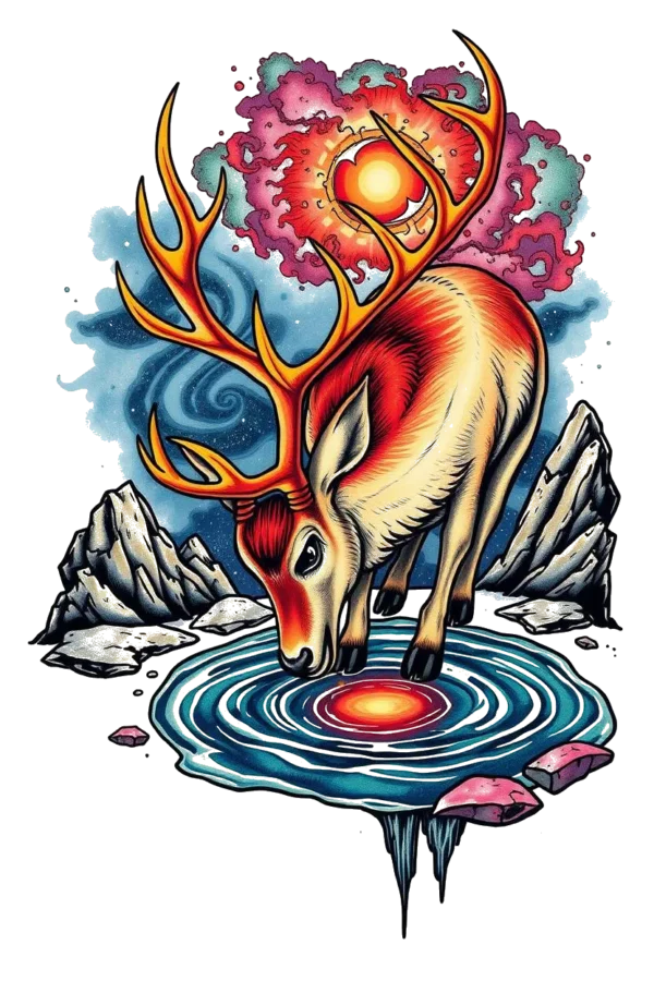Temporary temporary tattoo design featuring a white reindeer with large, curved horns, standing on a dark rock. The reindeer has accents of orange and red, with dark brown or black legs. In the background, a vibrant explosion of red, orange, pink